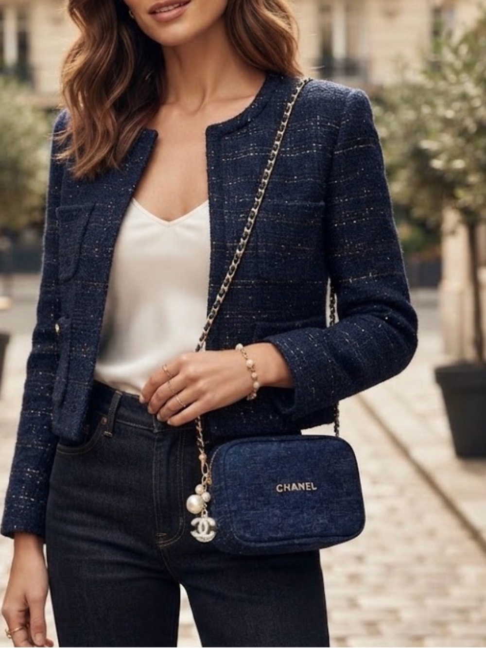 CHANEL Navy Tweed Crossbody Bag with Gold Logo